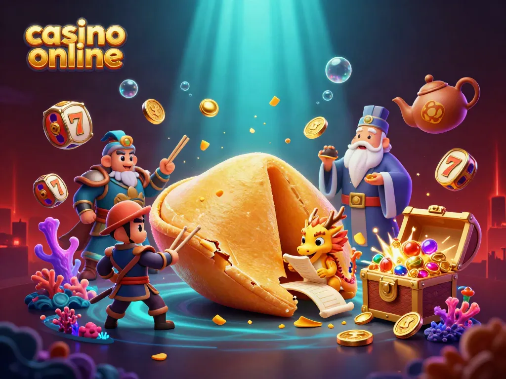 Enjoy an exciting casino online experience with vibrant visuals of a golden fortune cookie and gaming elements.