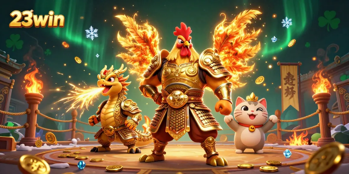 Engage in thrilling gameplay at 23win with a rooster warrior and dragon in dynamic casino scene.