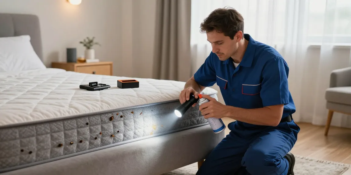 Bed bug exterminator inspecting a bedroom for bed bugs with professionalism and care