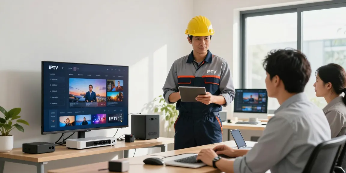 Professional contractor explaining IPTV service solutions in a local office, showcasing trusted services.