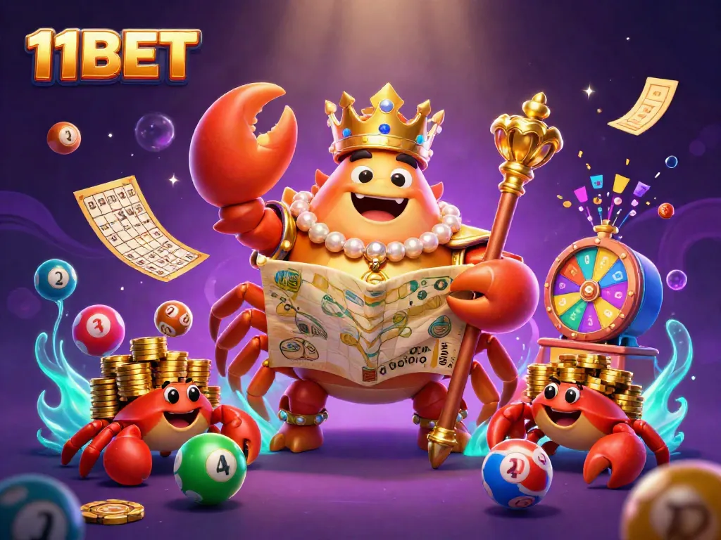 Experience exciting gameplay with the dynamic 11BET illustrated scene featuring colorful lottery elements.