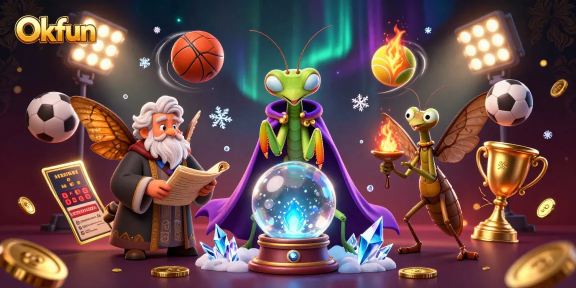 Explore Okfun's dynamic gambling scene featuring a whimsical fortune teller and sports elements.