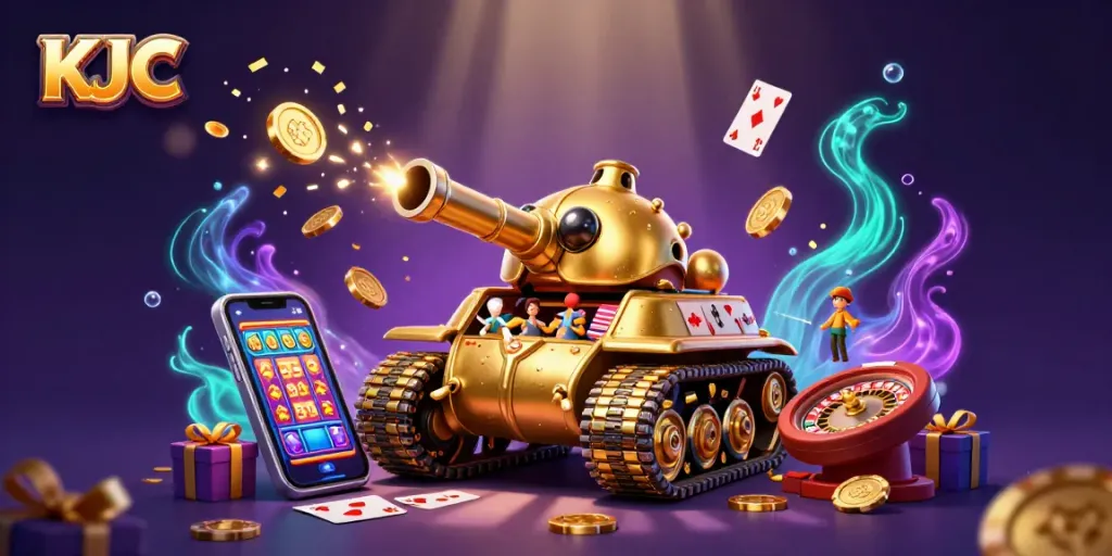 KJC's vibrant casino atmosphere features an exciting slot game with golden coins rapidly rewarded to players.