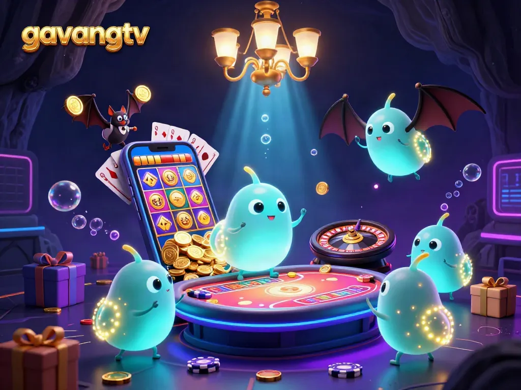 Experience the excitement of gambling with gavangtv's vibrant and animated casino scene featuring glowworms and a bat dealer.