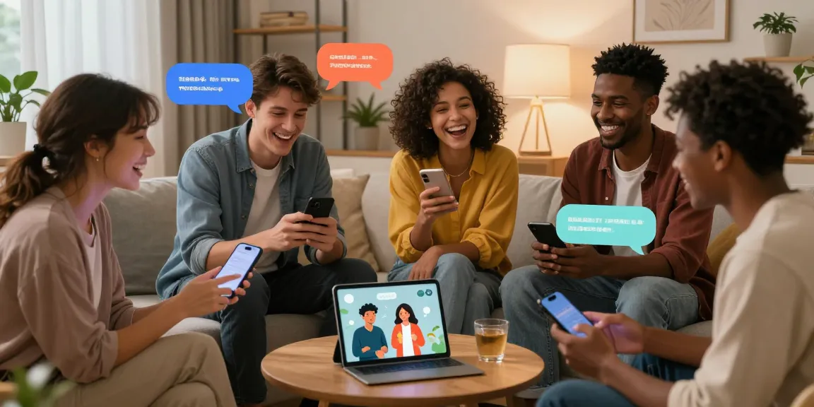 Dynamic AI spicy talk scene showing people enjoying interactive chats with flirty AI characters on their devices in a cozy setting.