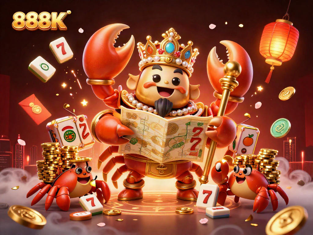 Spin and win with 888K in this vibrant casino scene featuring a golden crab emperor.