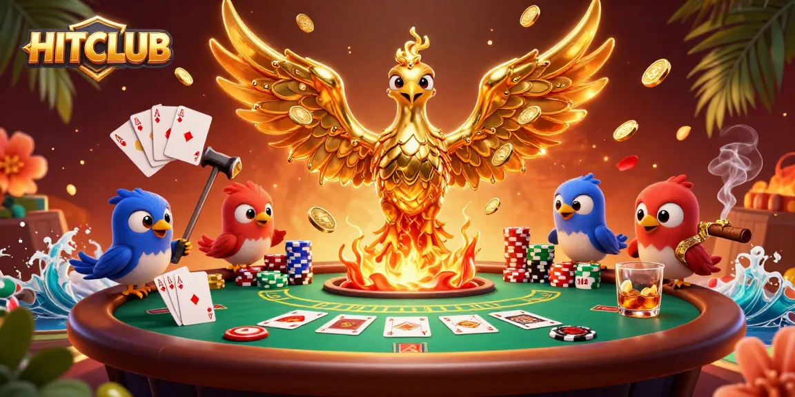 HITCLUB engages players with a dynamic casino scene showcasing a molten phoenix and poker elements, ensuring thrilling gameplay.