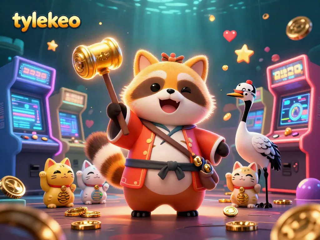 Engage with tylekeo's vibrant 3D casino world featuring a cheerful tanuki and lucky symbols.