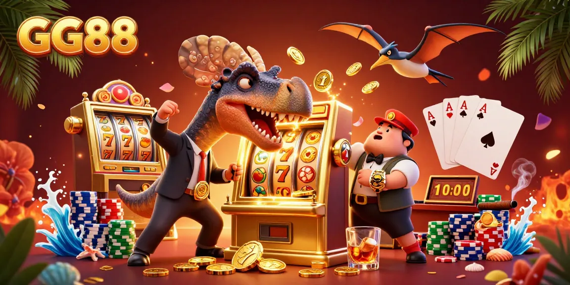 GG88 features a pachycephalosaurus headbutting a slot machine, earning golden coins in a vibrant casino scene.