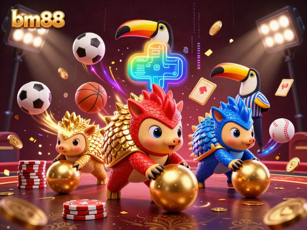 Engaging illustration of rival pangolins in a bm88 casino scene with sports balls and poker chips.