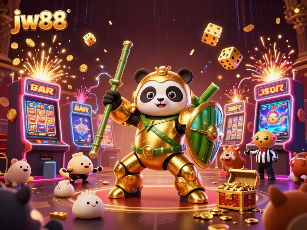Experience the thrilling jw88 casino adventure with a golden panda in a bamboo robot amidst a jackpot explosion.