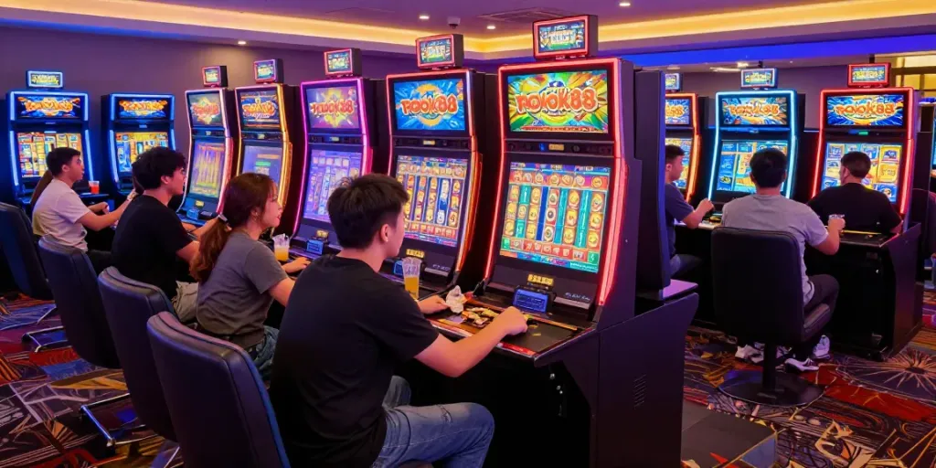 Players excitedly engaging with rokok88 slot machines in a lively casino atmosphere.