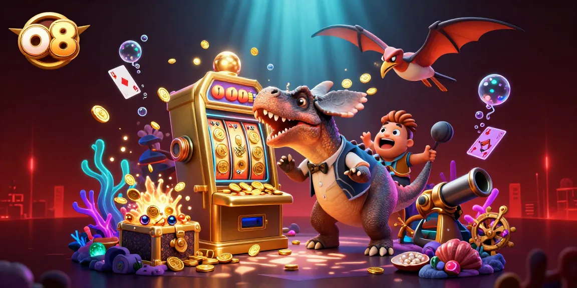 o8 jackpot coins pouring from slot machine as pachycephalosaurus celebrates in vibrant casino scene