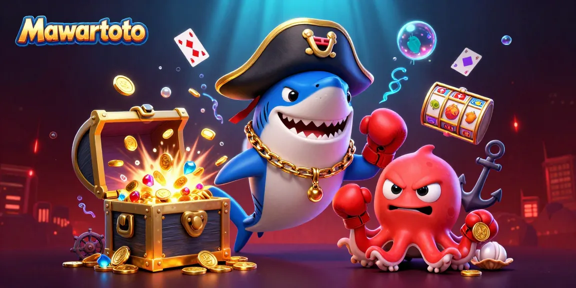 Mawartoto showcases exciting gambling with vibrant characters, bursting slot reels, and rich underwater treasure.