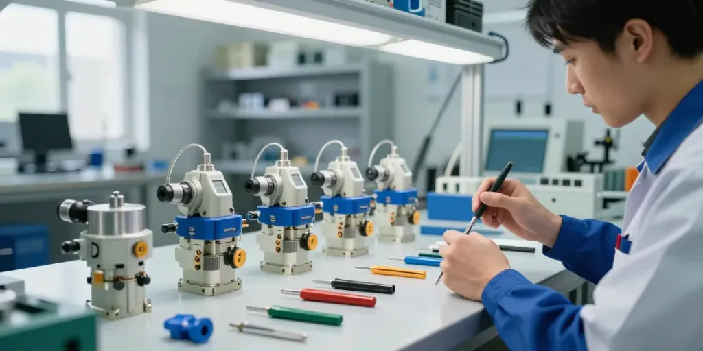 Mechanical vacuum switch on workbench during inspection in an industrial setting.