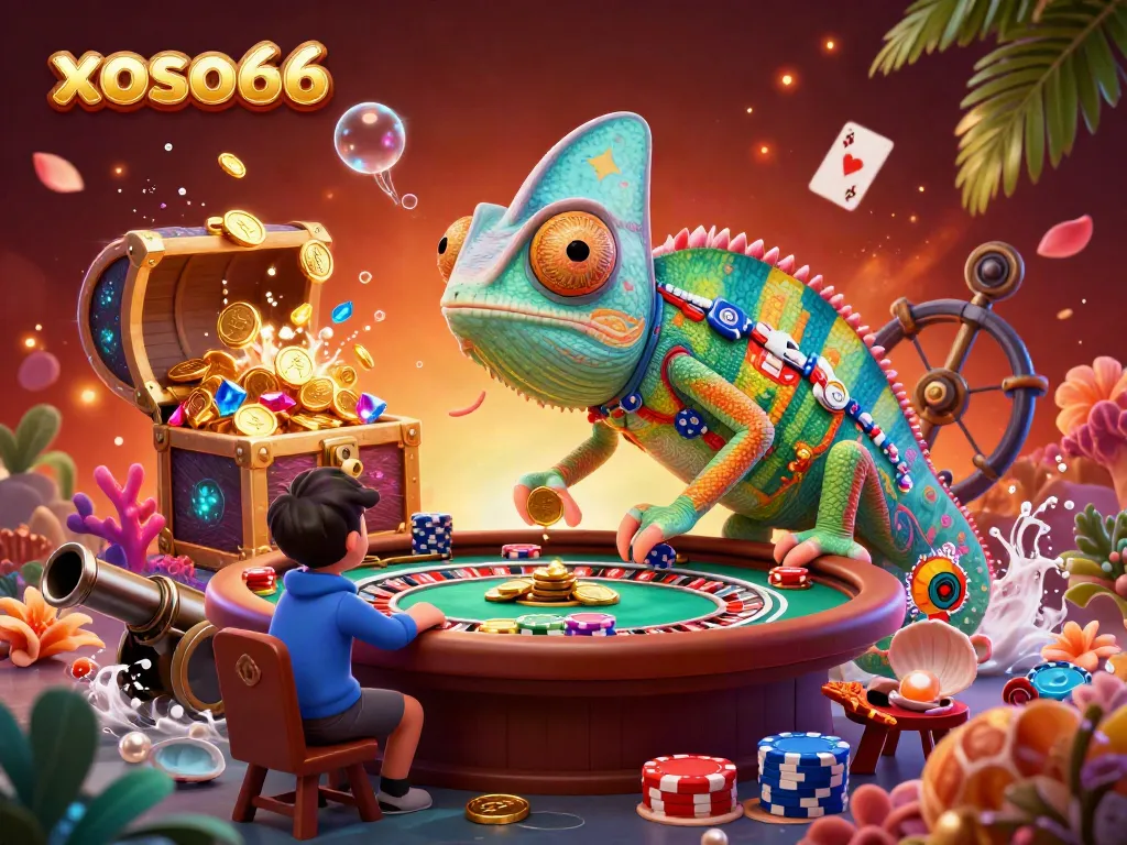 Experience the excitement of xoso66 with a vibrant casino-themed scene featuring a chameleon snapping up golden coins.