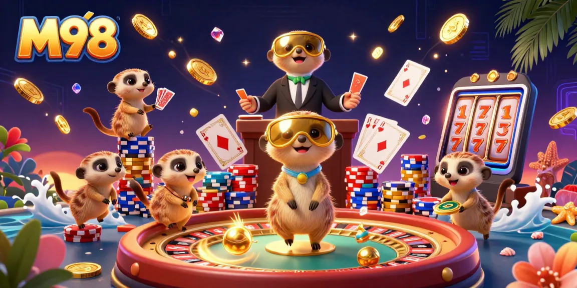 M98 meerkats running a casino with golden coins, immersive 3D illustration