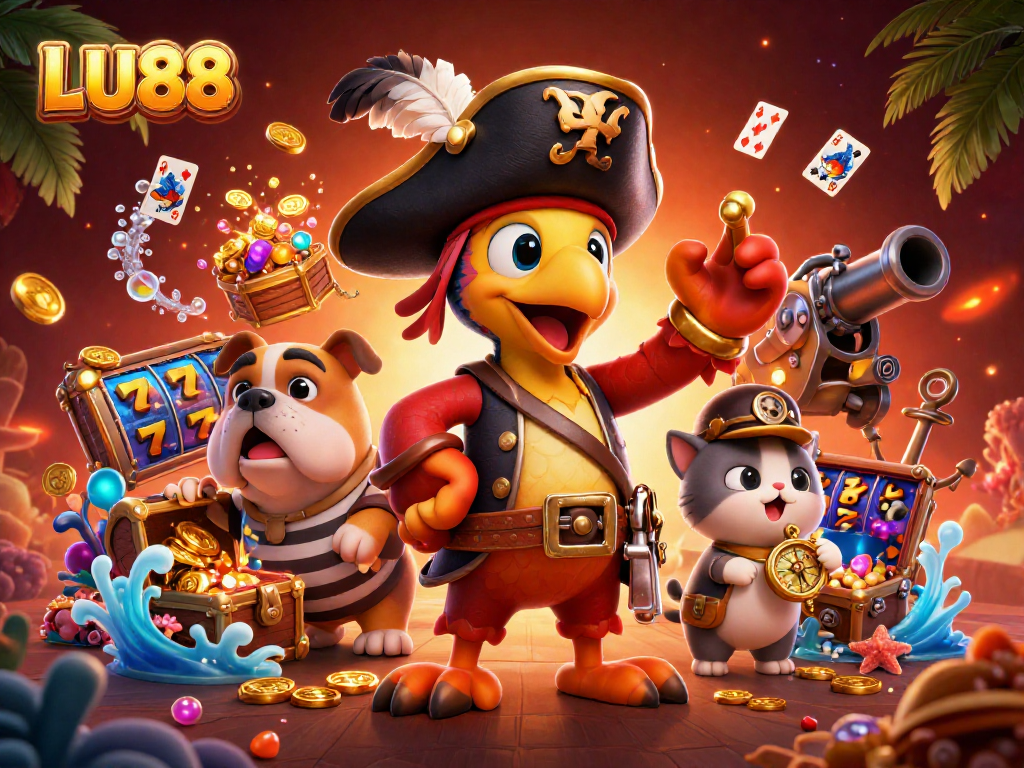 LU88's vivid slot adventure with pirate captain and friends exploring treasure.
