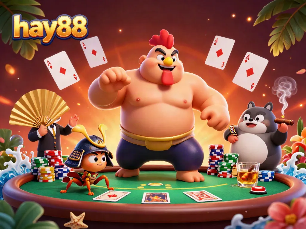 Experience thrilling gameplay at hay88 with a powerful sumo wrestler rooster and dynamic poker elements.