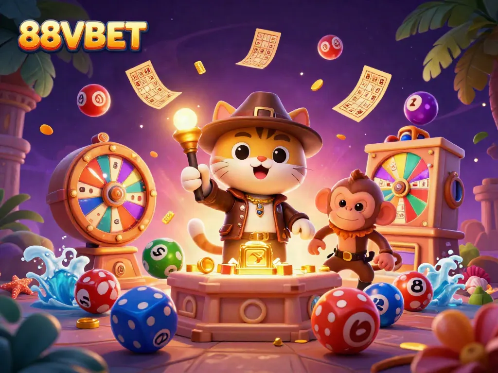88VBET showcases an engaging 3D scene of an archaeologist cat and a monkey uncovering casino treasures in a vibrant environment.
