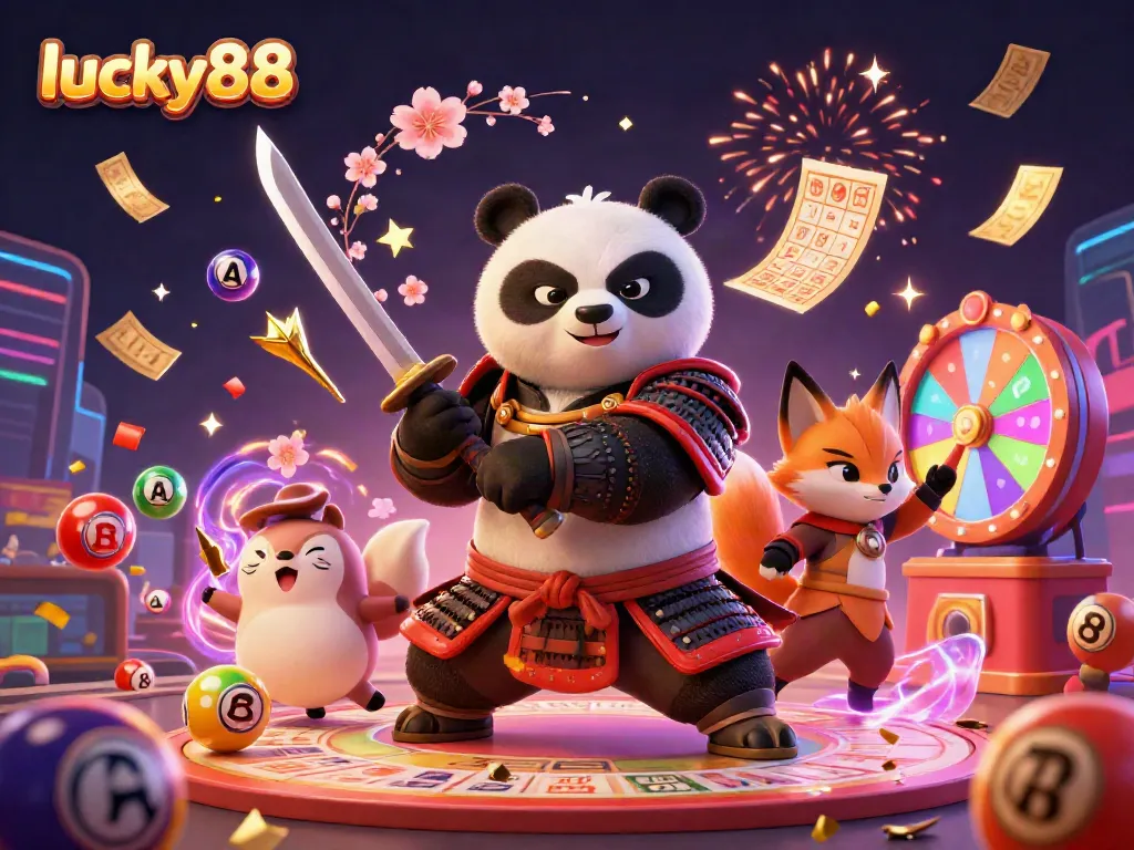Engage with lucky88 through an exciting cartoon scene featuring a samurai panda and ninja fox while dynamic casino elements surround them.