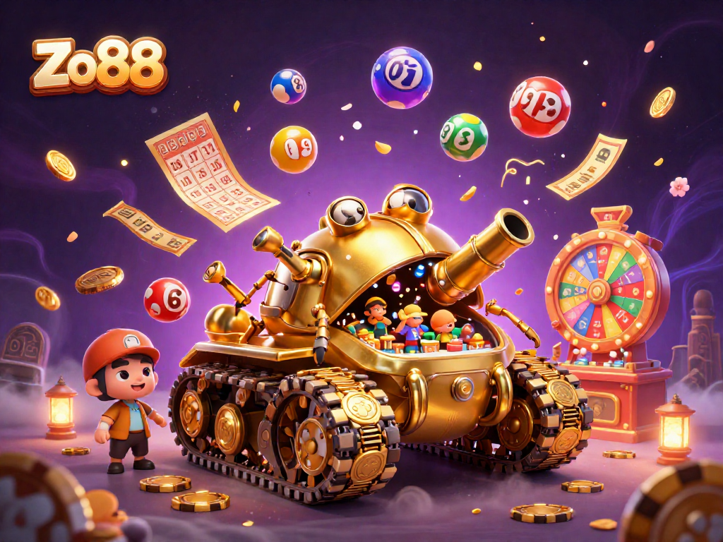 Experience the excitement of Zo88 in a vibrant, engaging casino scene featuring dynamic elements and colorful lottery prizes.