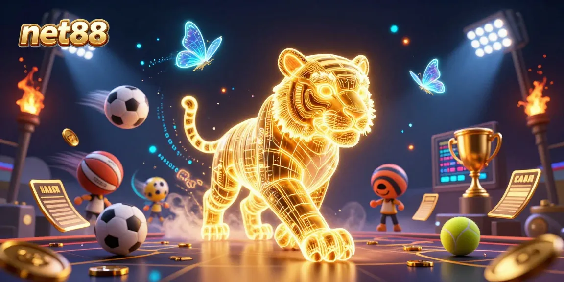 Experience big wins at net88 with vibrant casino action featuring sports balls and a golden tiger.