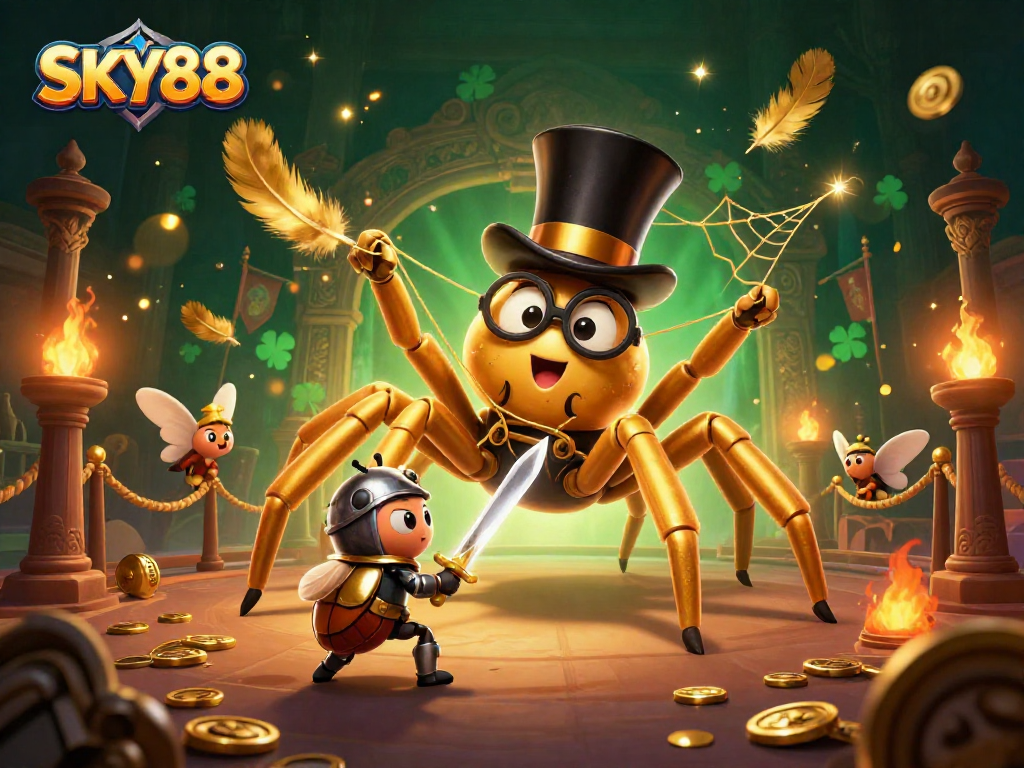 Join the excitement at SKY88 with a golden tarantula and knight in a rich casino scene.