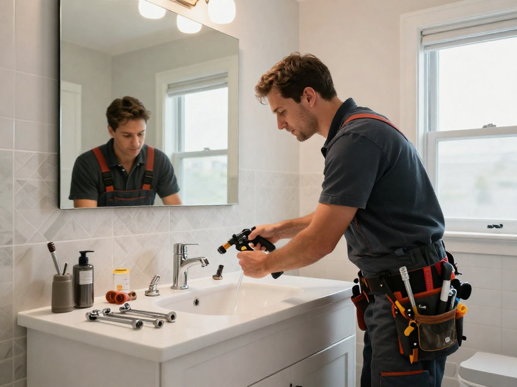 Expert plumber from Blue Moon Plumbing and Rooter installing a modern sink in a beautifully renovated bathroom.