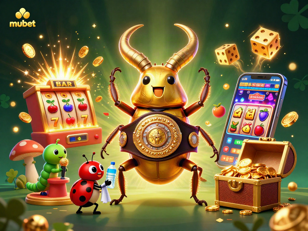 Play exciting games at mubet with a vibrant 3D casino scene featuring animated characters and energetic casino elements.