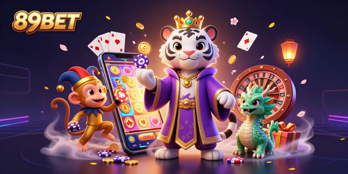 89BET showcases a vibrant 3D scene with a royal tiger, jester monkey, and dragon amidst casino games and glowing coins.