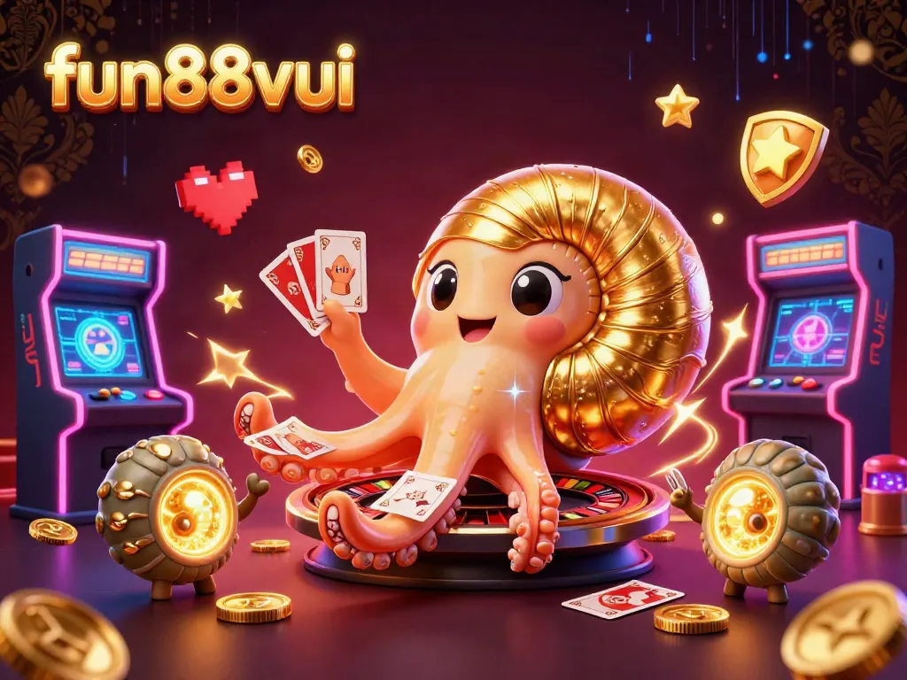 Engage with fun88vui at this vibrant casino scene featuring a nautilus roulette wheel and animated game elements.