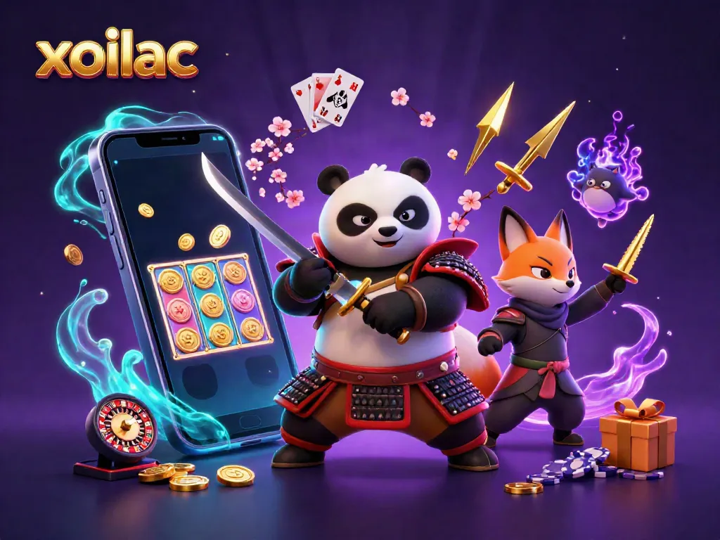 Xoilac showcases thrilling 3D samurai panda and ninja fox in a gambling-themed adventure.