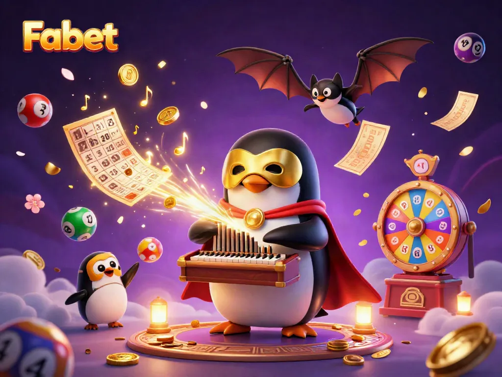 Fabet characters engaging in dynamic games with golden coins and lottery elements