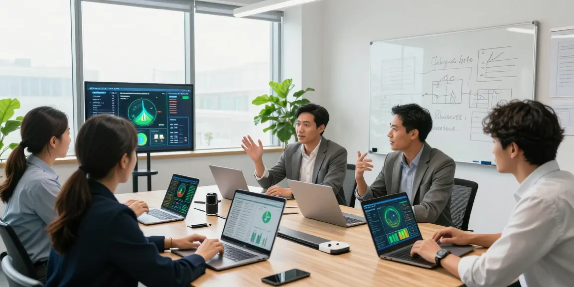 Team collaborating on multi site business energy management strategies in a modern office.