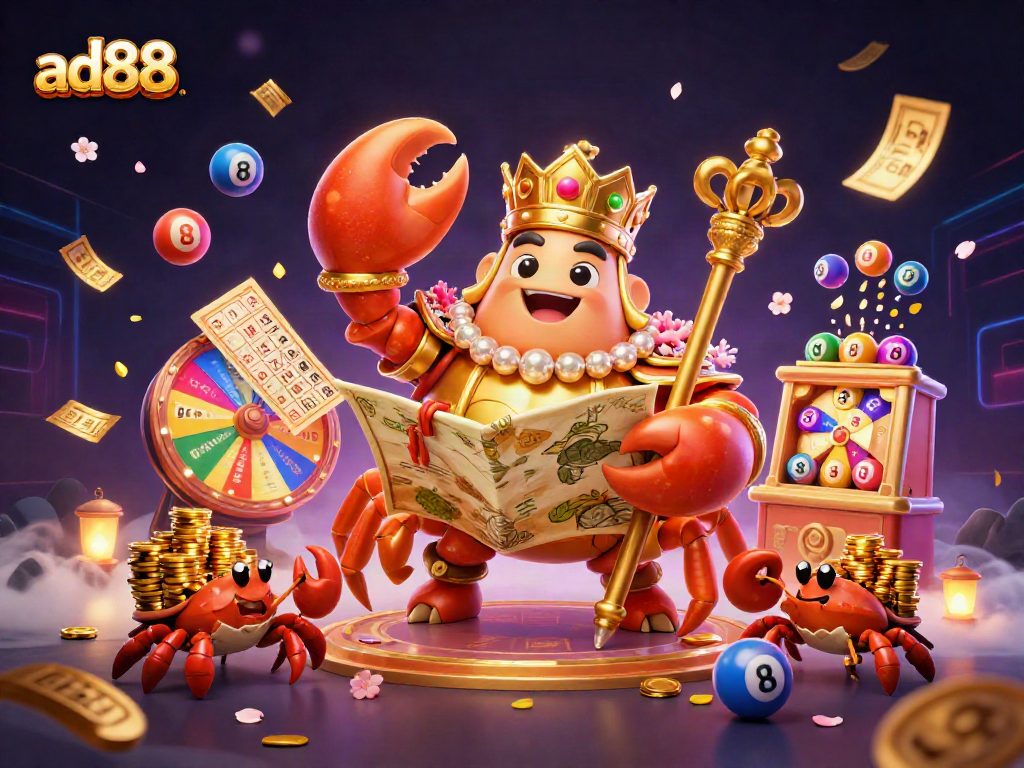 ad88 showcases a vibrant scene with a golden crab emperor amidst dynamic lottery elements.