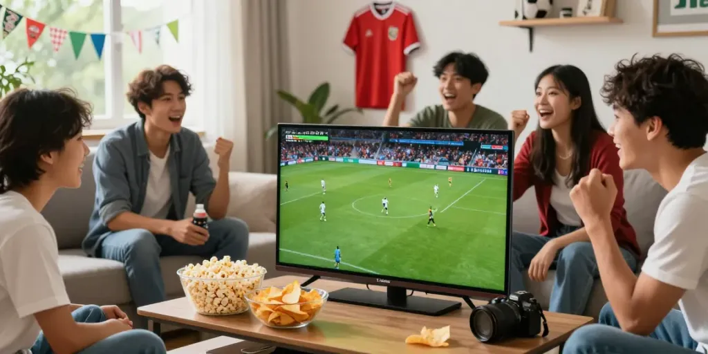 Friends enjoying Gavangtv live football match in a cozy living room.