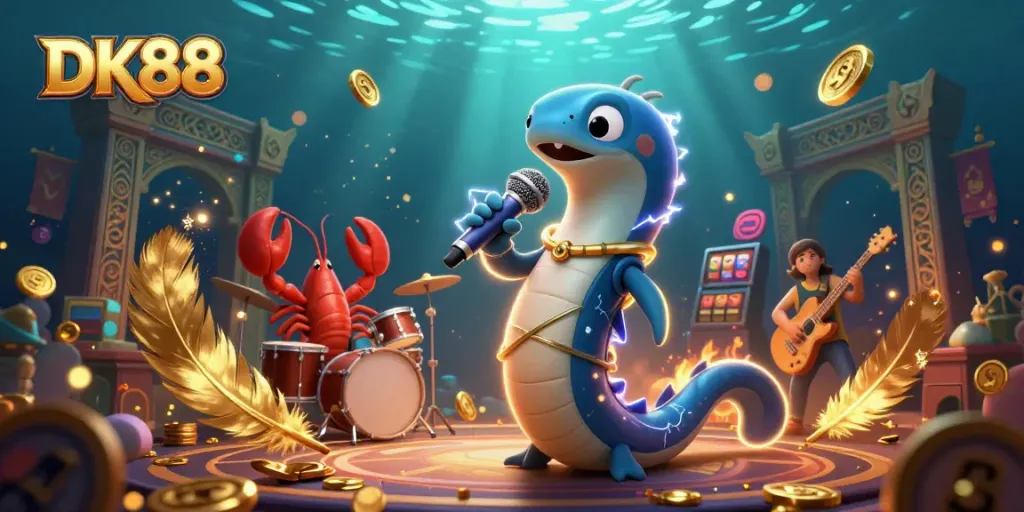 Join the electrifying performance at DK88's underwater casino with vibrant characters and slot elements.