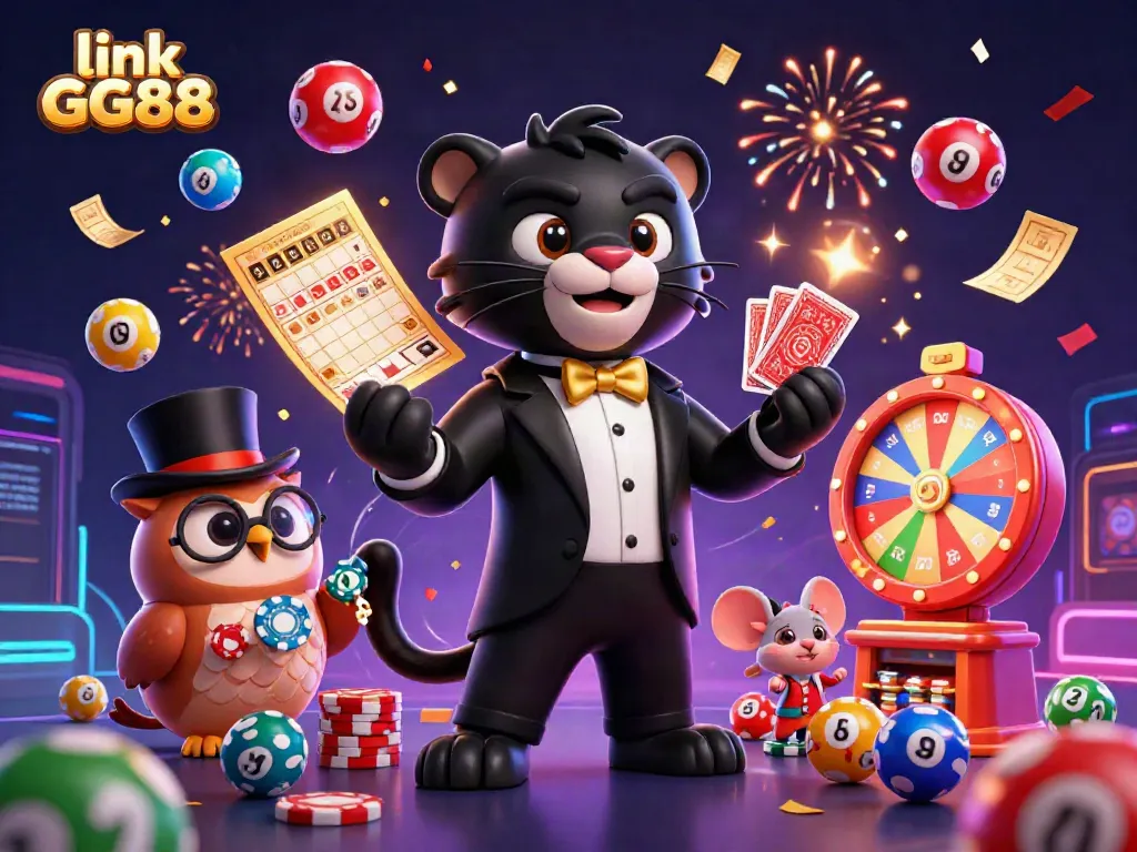 Win big with link GG88 as a stylish panther deals cards at a vibrant casino scene.