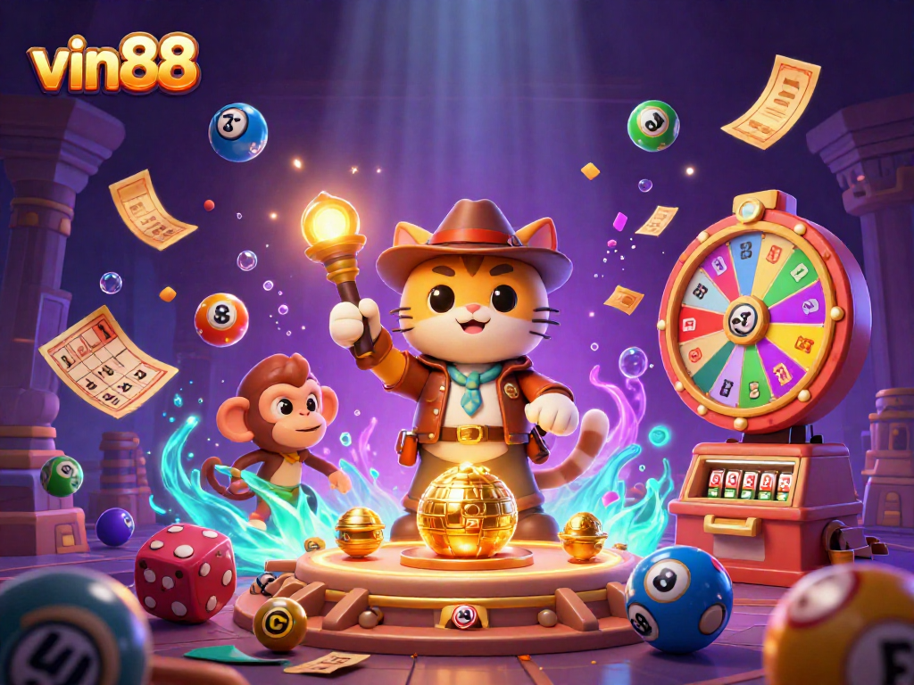 Engage in thrilling lottery adventures with vin88's vibrant treasure hunt in a 3D casino setting.