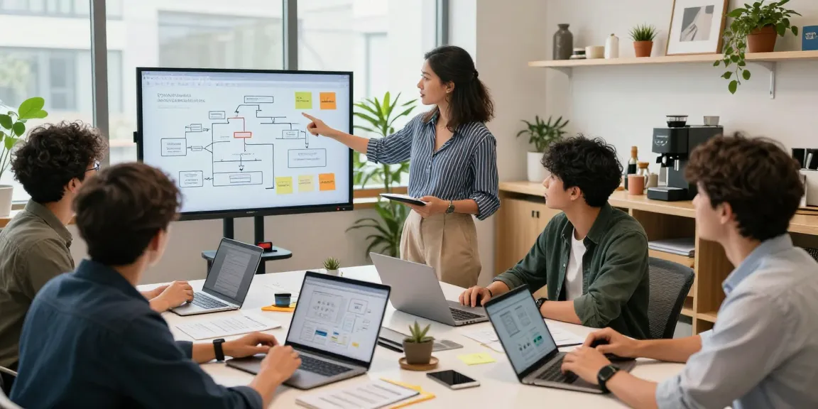 Build internal tools with AI showcased in a collaborative office scene, highlighting diverse professionals developing innovative solutions.