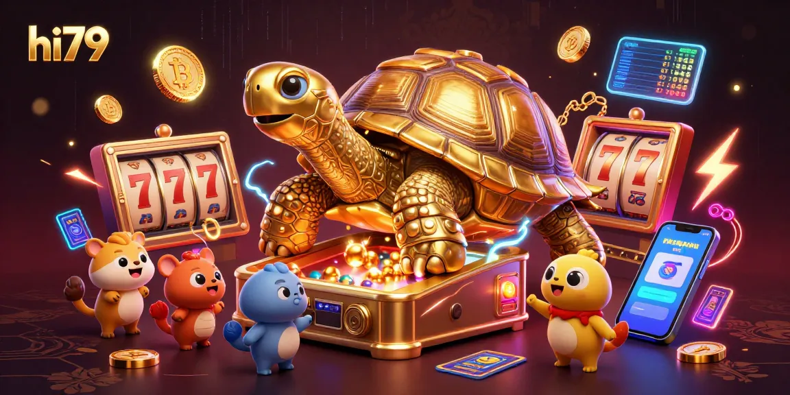Spin the slots at hi79 with a luminous tortoise pinball machine and blockchain-themed elements.