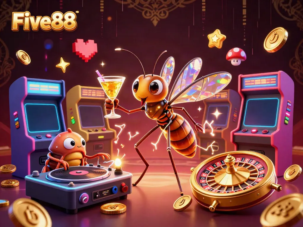 Experience the excitement of Five88 casino with a vibrant scene of whimsical characters and gaming elements.