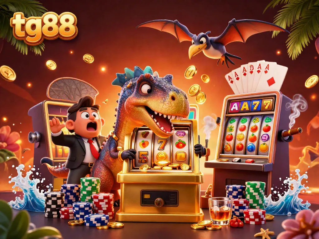 Experience the thrill of tg88 with vivid casino action and cartoon characters celebrating a jackpot.