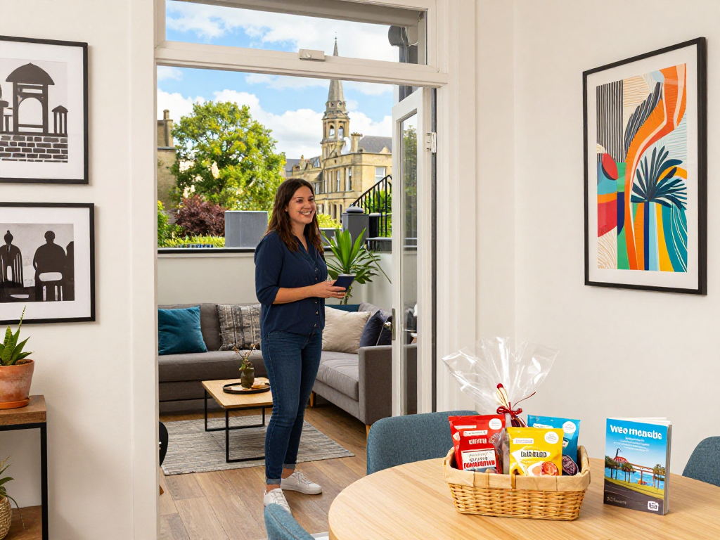 An engaging view of airbnb management bristol, showcasing a welcoming local host at a stylish property entrance, highlighting the charm of Bristol.