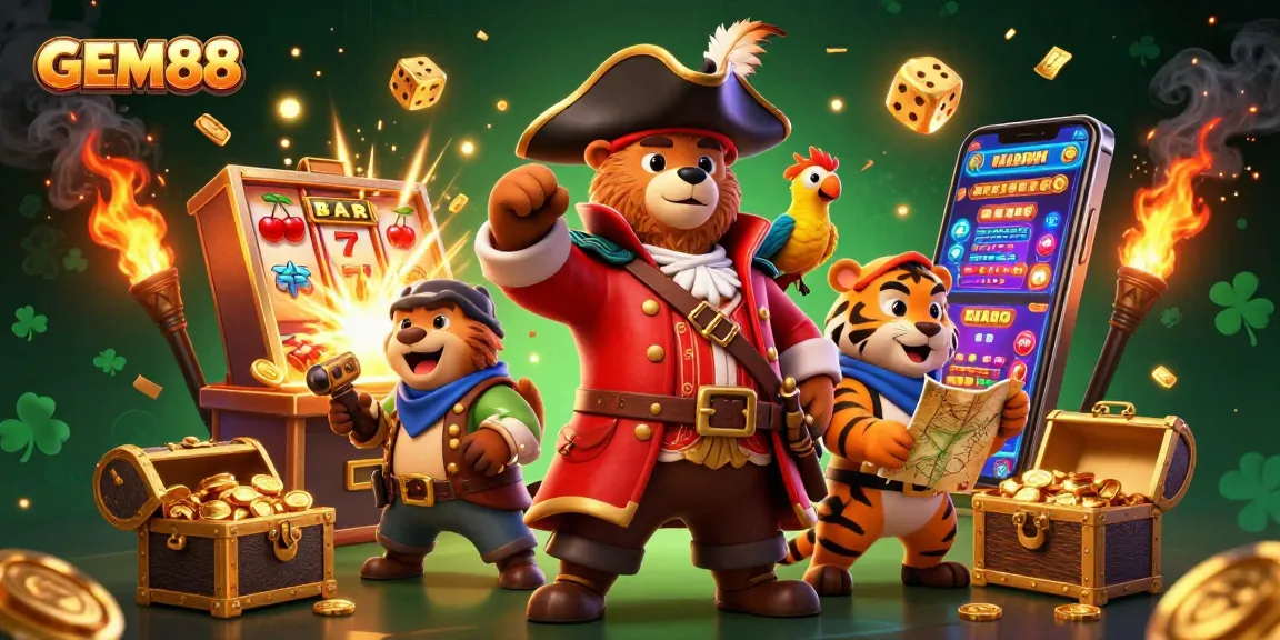 Experience GEM88's thrilling jackpots with the pirate captain and tiger in a vibrant casino scene.