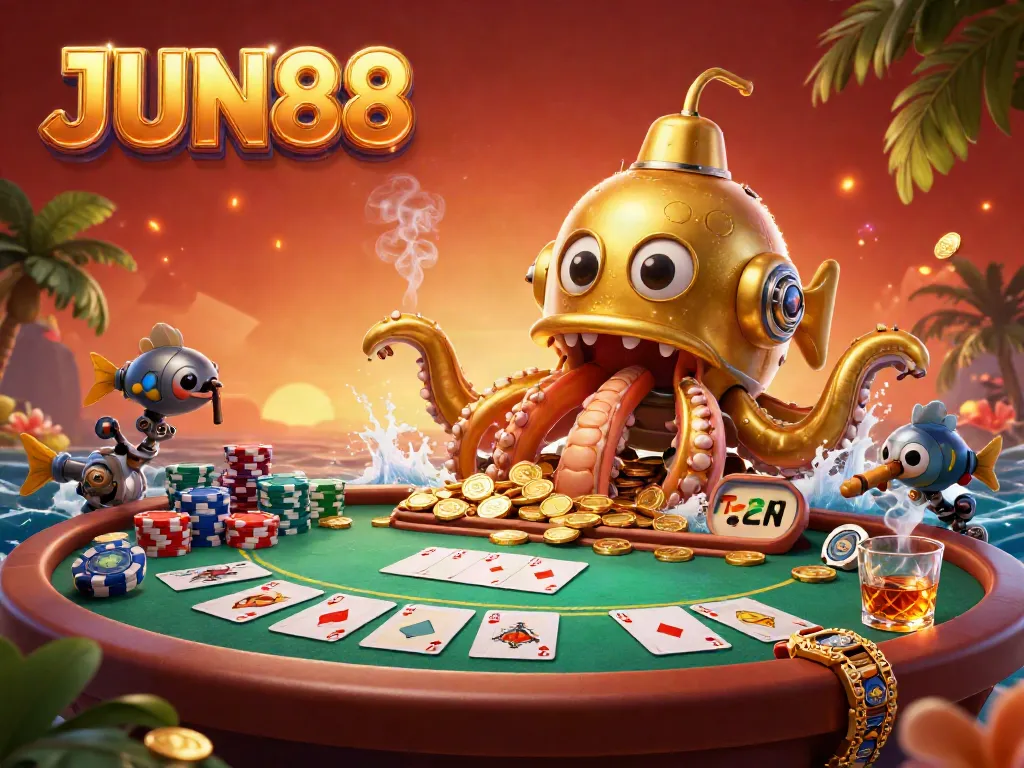 Experience the excitement at JUN88 with a vibrant 3D kraken submarine sailing through golden coins, surrounded by poker action.