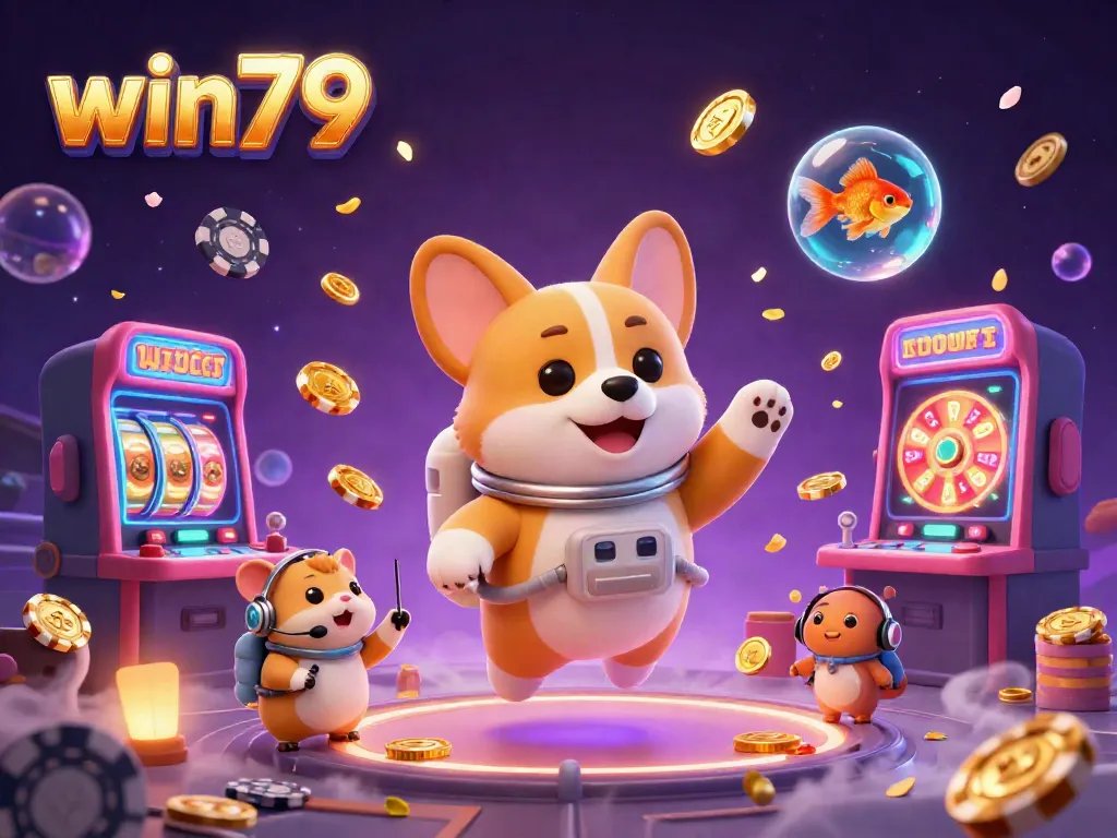 Experience win79's dynamic casino universe with an astronaut corgi amidst colorful slot machines.