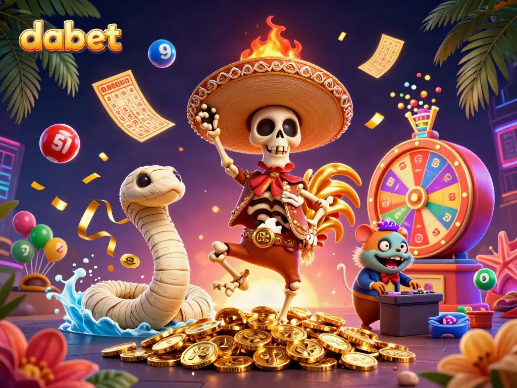Experience the excitement of dabet with colorful lottery elements, dancing characters, and golden coins.