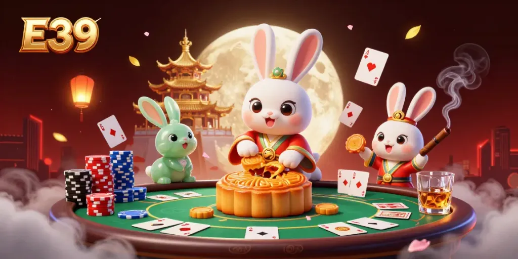 E39 showcases a vibrant 3D casino scene featuring moon rabbit characters amid poker elements.